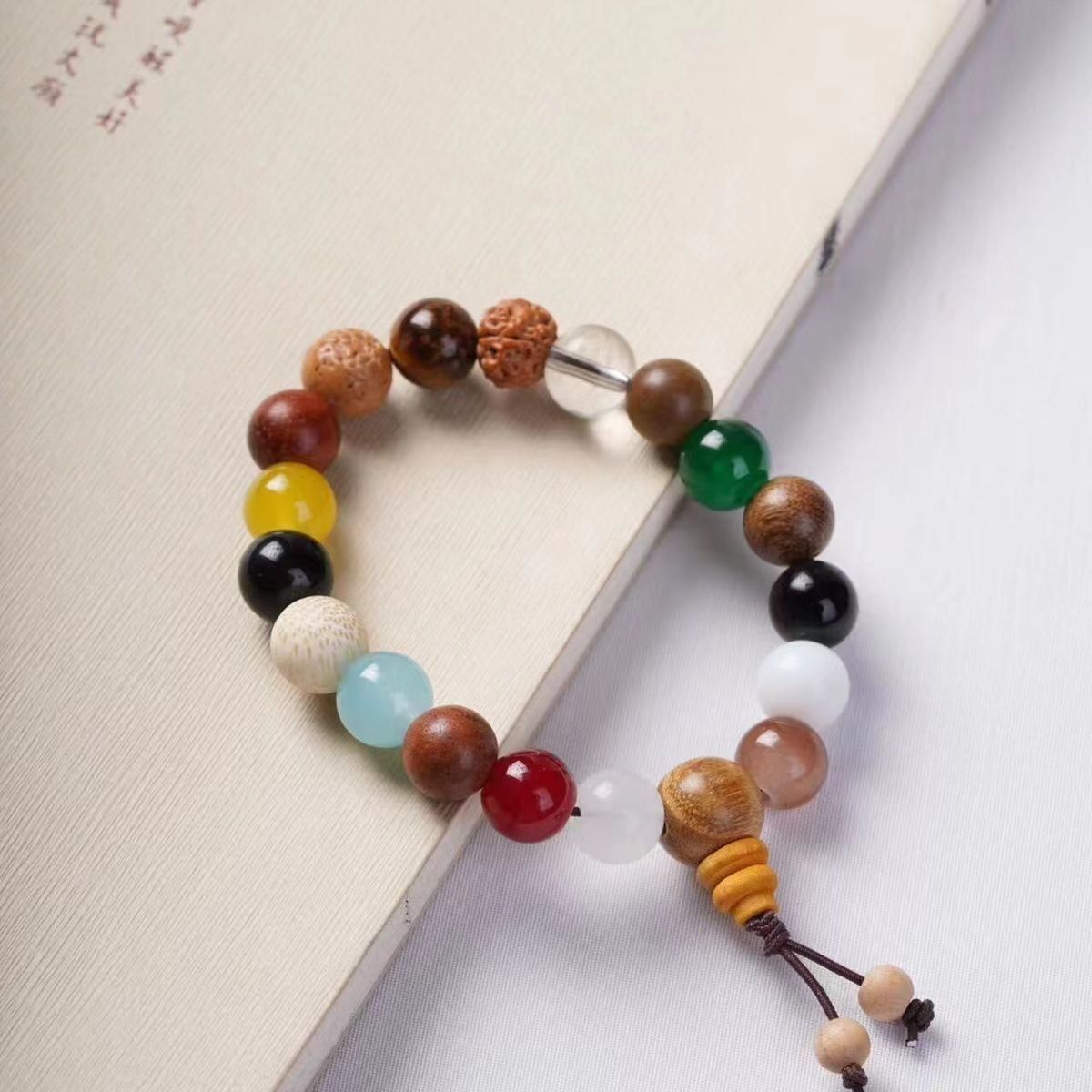 非金属木质手链 十八籽念珠女款白色七彩手链中式复古手串十八籽