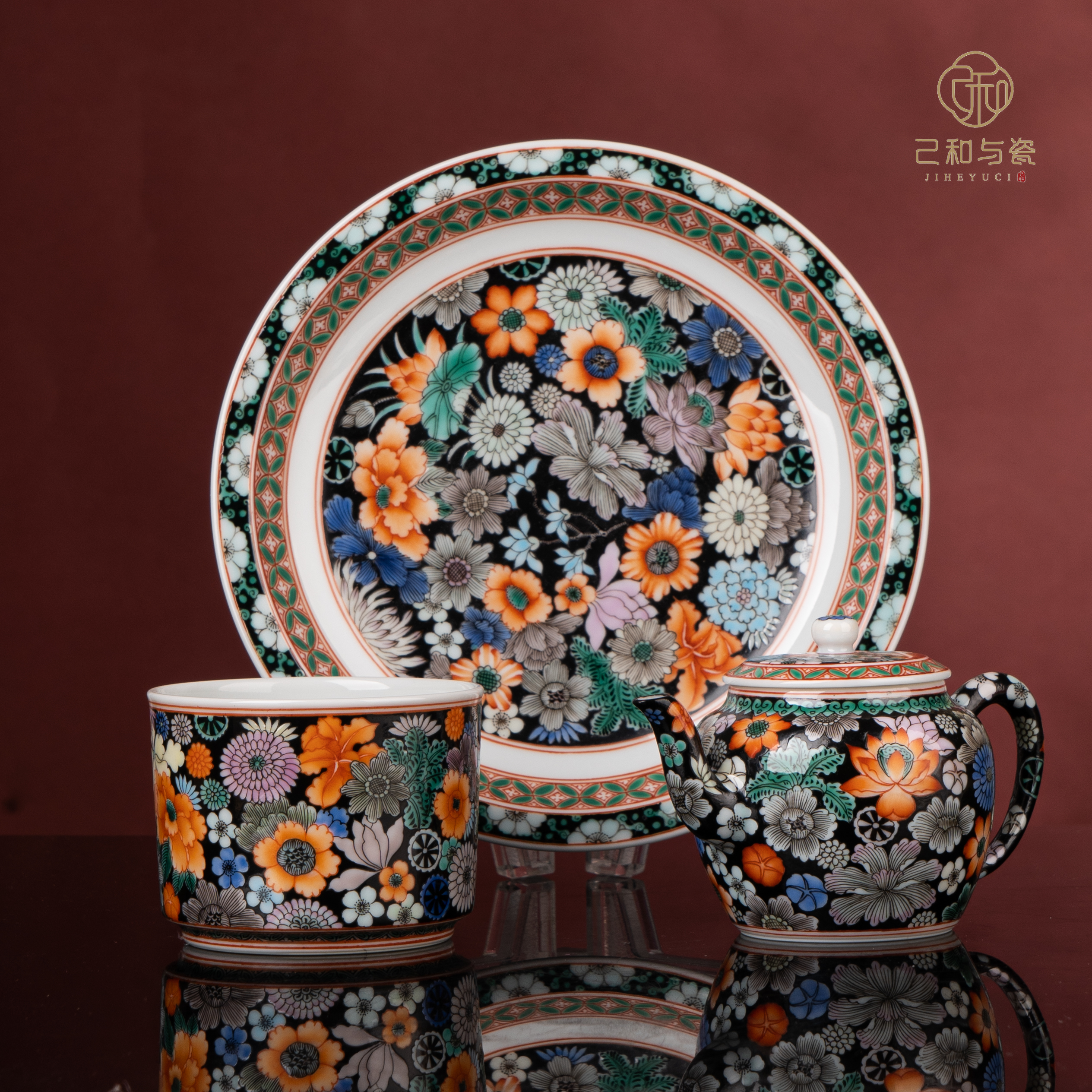 己和与瓷景德镇手工手绘古彩万花珐琅彩大号高端茶器茶具家用茶杯