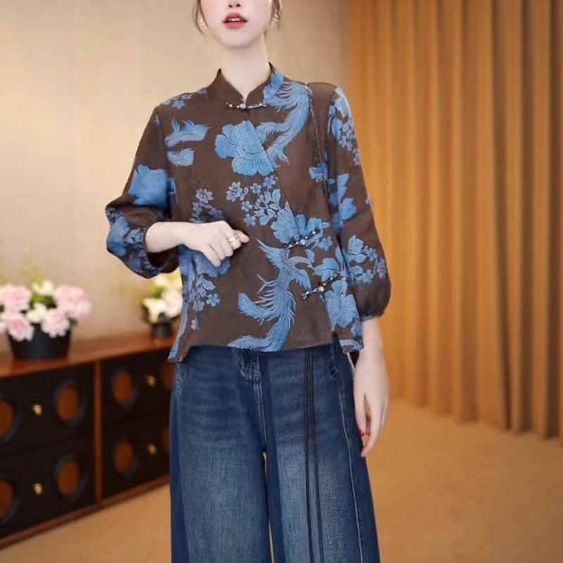 拉夏贝尔新中式国风盘扣上衣女秋季2025新款高端精致长袖印花衬衫