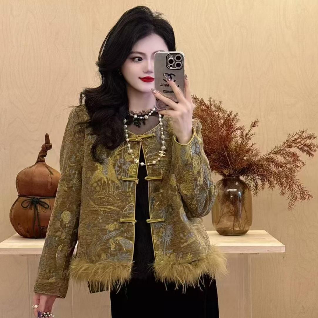冬季新中式国风加棉加厚外套女时尚气质复古百搭圆领毛毛上衣女潮
