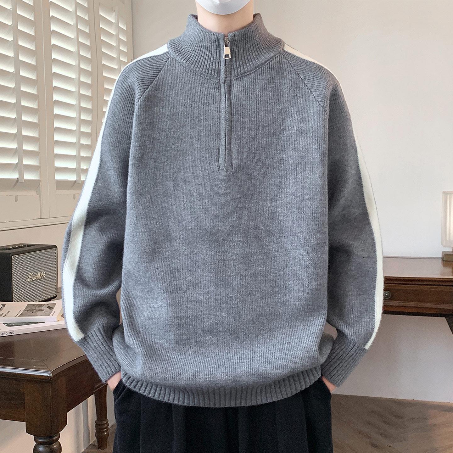 毛衣男青少年秋冬季新款半拉链立领针织衫男生韩系灰色立领毛线衣