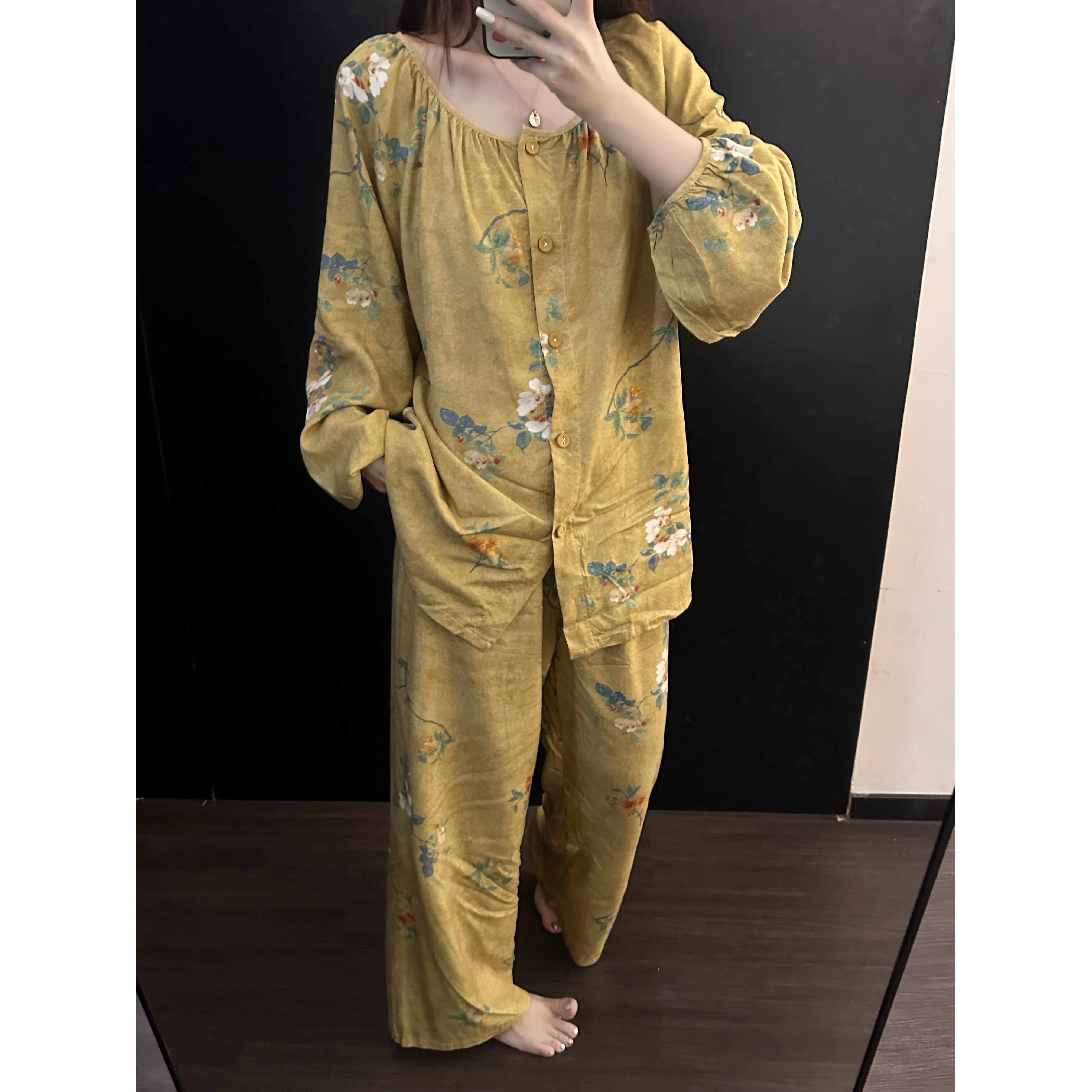 新中式复古花卉棉绸睡衣女春秋2025新款长袖长裤家居服套装可外穿