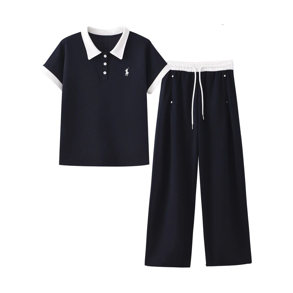 1548-4时尚短袖POLO领上衣+直筒裤两件套2025夏减龄洋气休闲套装
