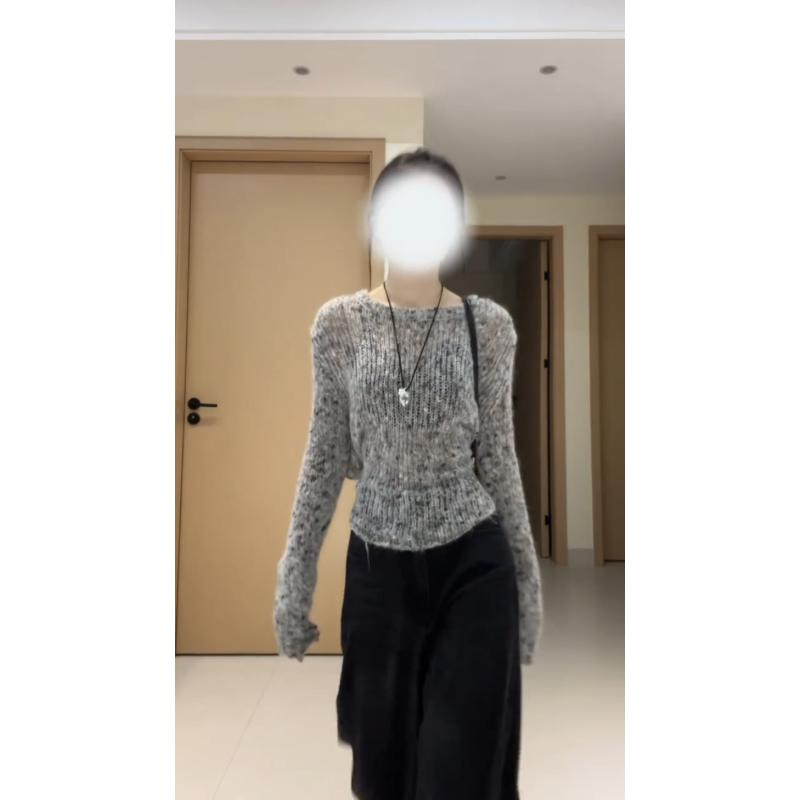 梦优莱纯欲慵懒风圆领针织长袖T恤女装秋季新款后背系带镂空上衣