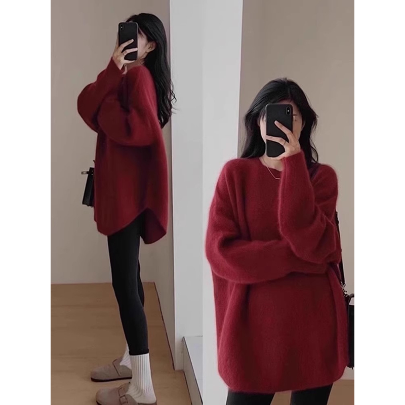 洋气过年红色外穿套头毛衣女秋冬季软糯慵懒风中长款针织衫上衣服