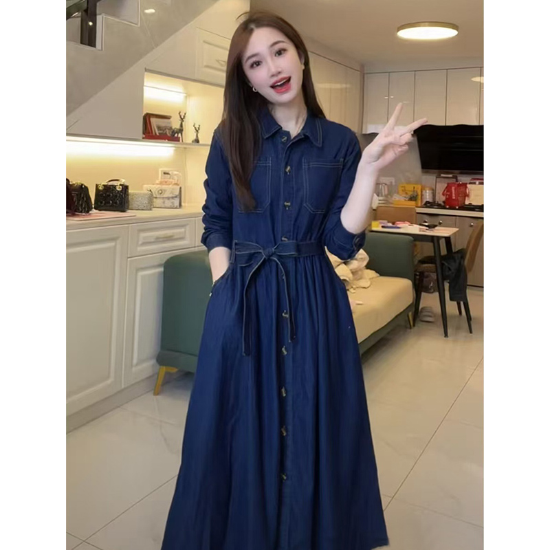 法式复古牛仔衬衫长袖连衣裙女春装2025新款高级感收腰气质长裙子