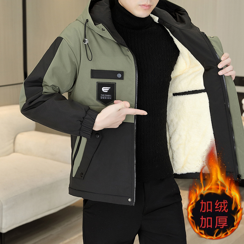 加绒加厚男士外套秋冬季潮流韩版工装连帽夹克防风防水保暖冲锋衣