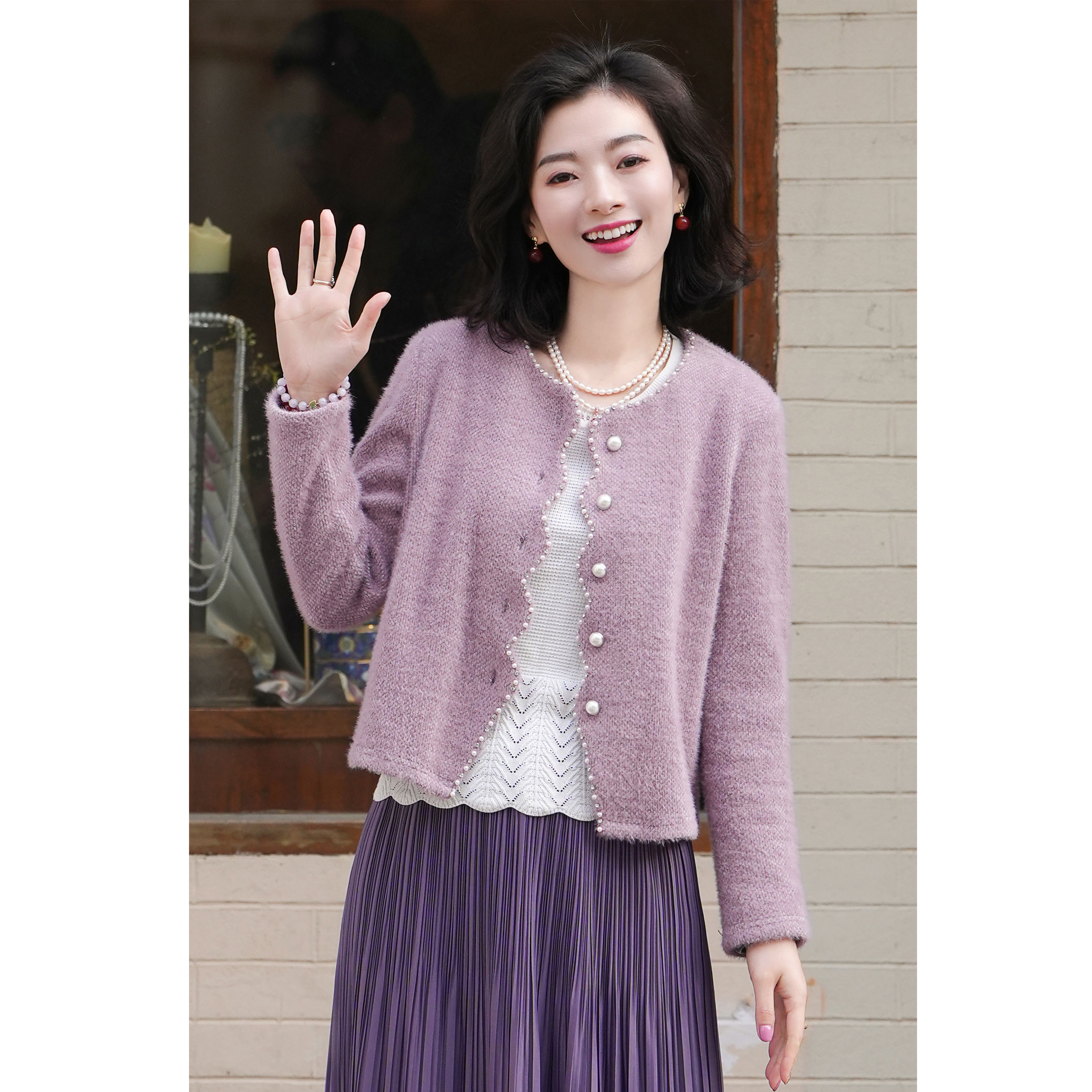 西子/【普罗旺斯】拉毛绒感波浪形珍珠扣开衫小香风外套/WTBH637