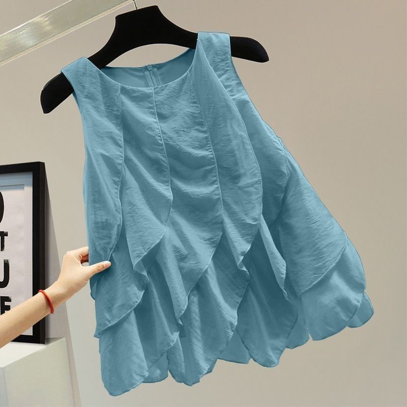 荷叶边拼接套头衬衫2025夏季韩版宽松显瘦纯色拉链休闲背心潮