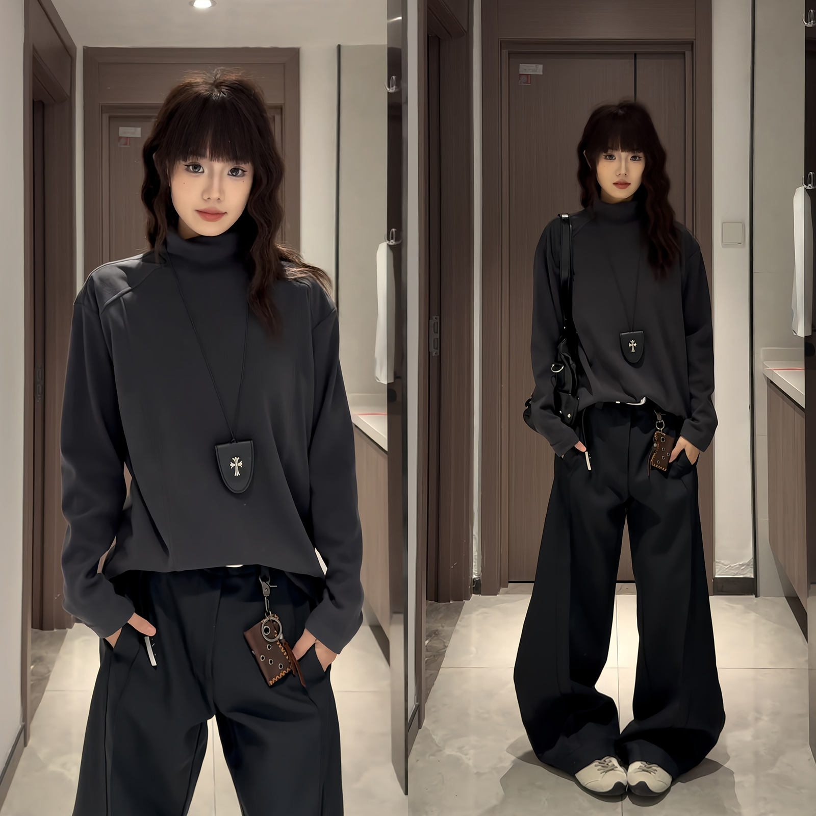 灰色德绒半高领打底衫男款秋季美式cleanfit卫衣内搭正肩长袖t恤