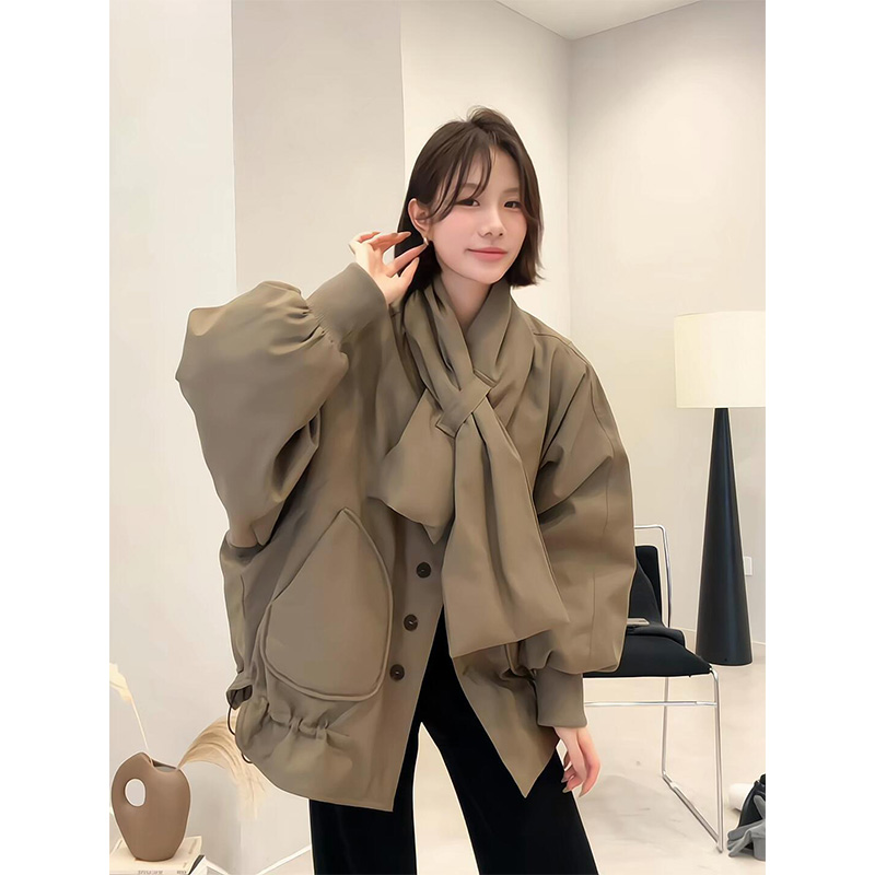 INS CEC韩系高级感抽绳宽松棉服女秋冬新款外穿百搭显瘦棉衣外套
