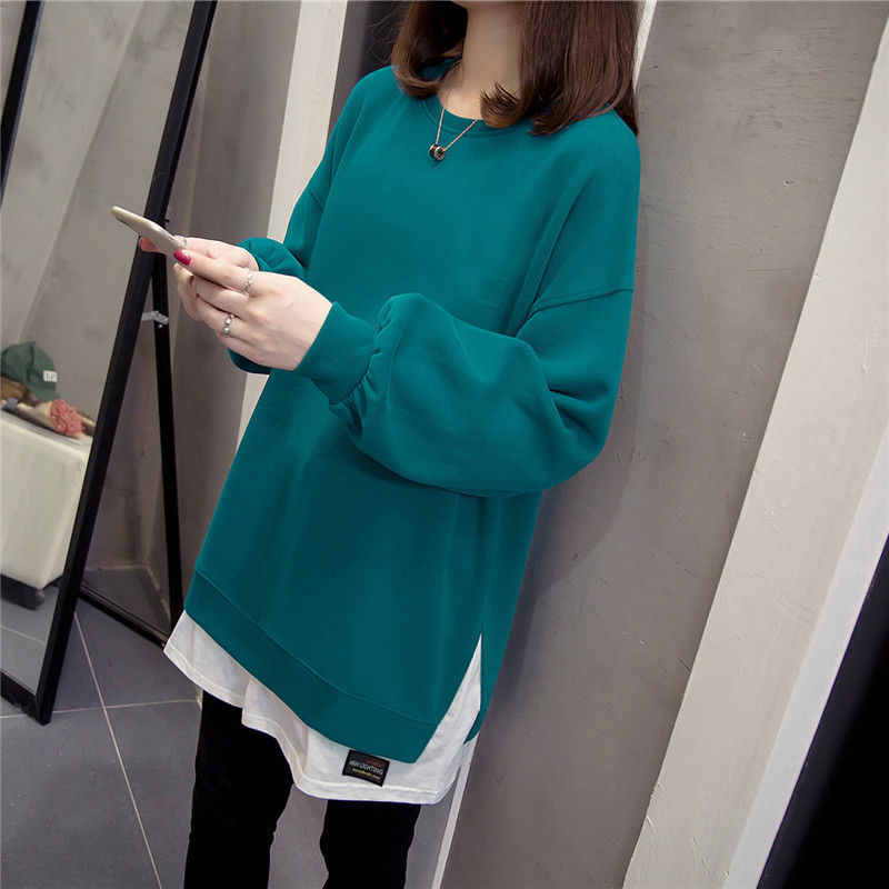 2025秋冬新款长袖卫衣女设计感小众宽松假两件韩版T恤中长款上衣