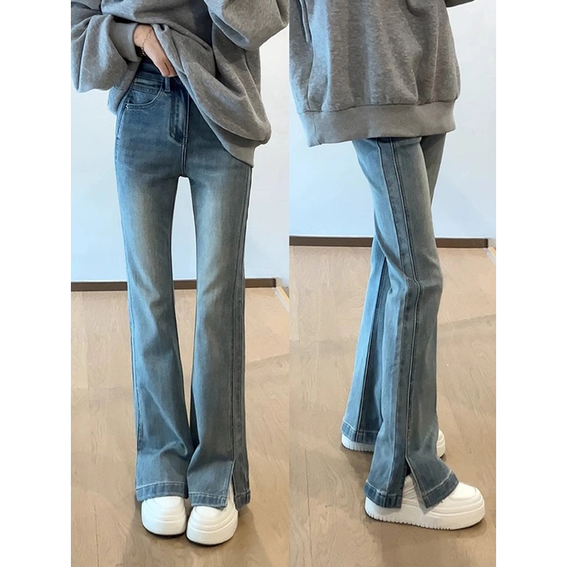 2025秋冬加绒开叉高腰微喇牛仔裤子女大码胖mm显瘦裤子弹力喇叭裤