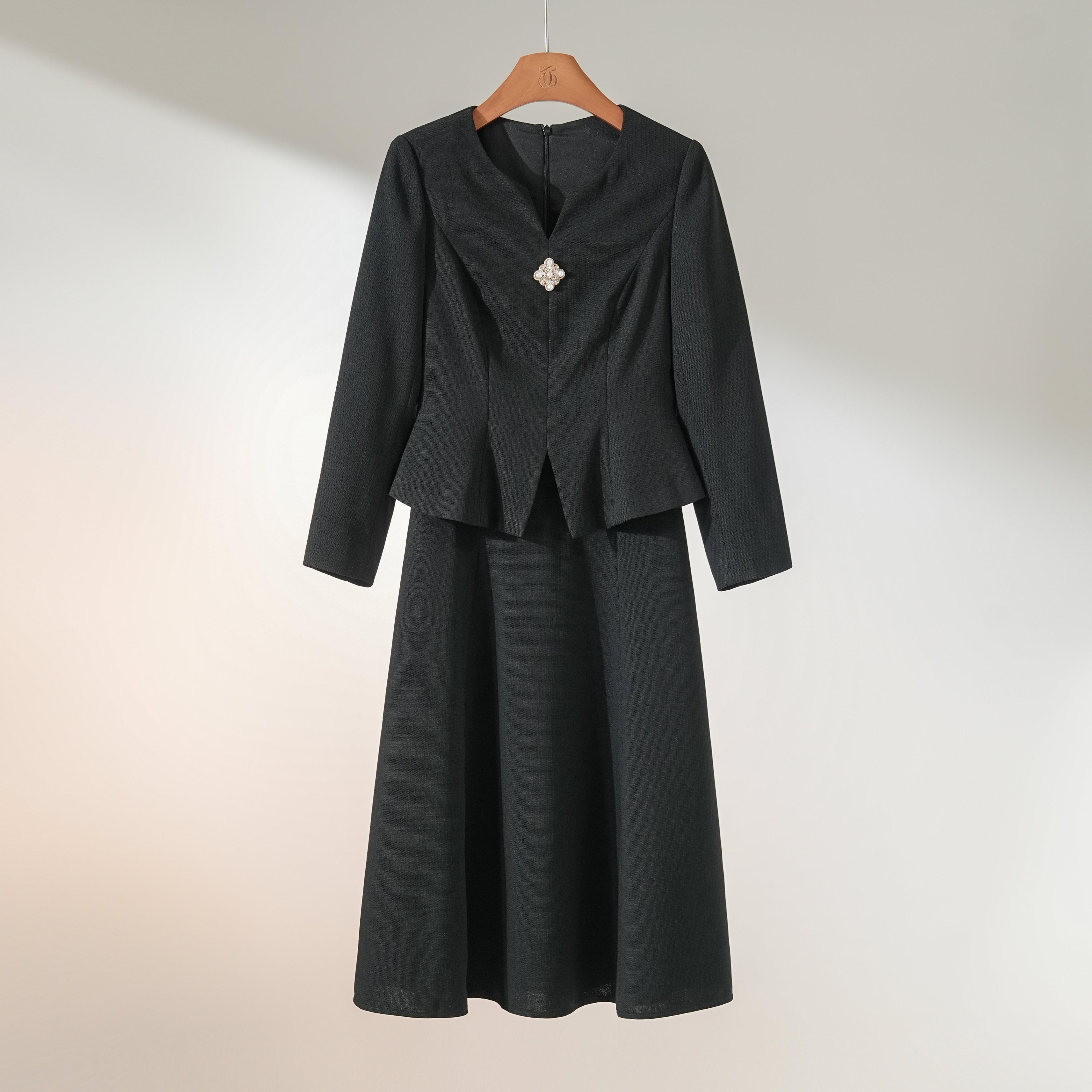 西子/【莱茵蔷薇】重磅醋酸小香风假两件黑色连衣裙/CQXS111