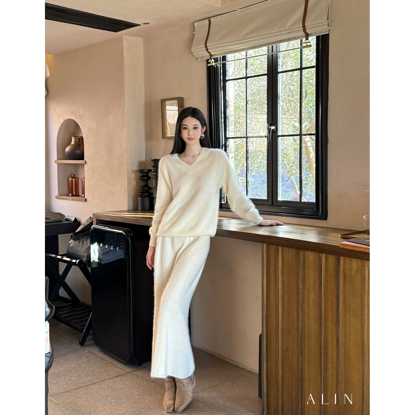 阿琳ALIN【绯菀】山羊绒羊毛混纺宽松慵懒风高级感气质套装AL5OBZ10