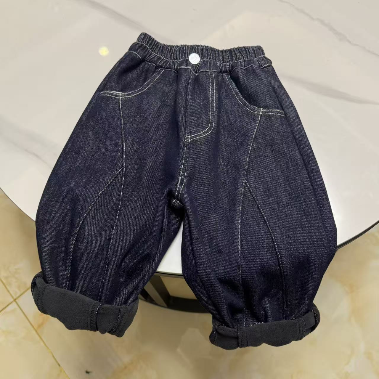 【防褪色】儿童冬款加绒拼接刺绣小马莱赛尔牛仔裤