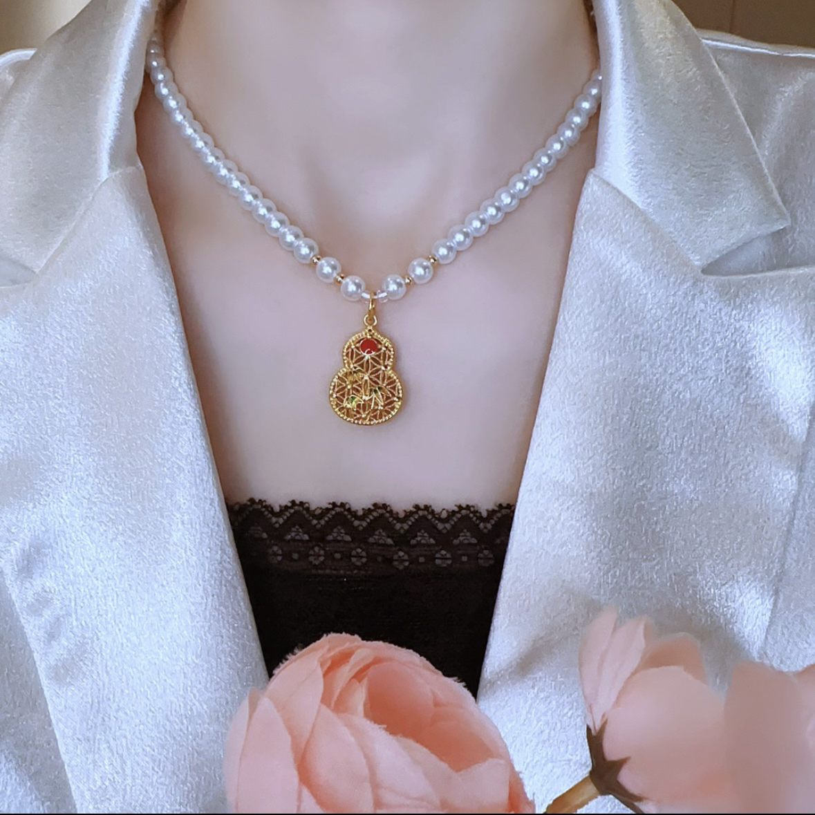 铜合金仿珍珠项链 新款复古镂空福禄葫芦挂坠项链送妈妈女友礼物