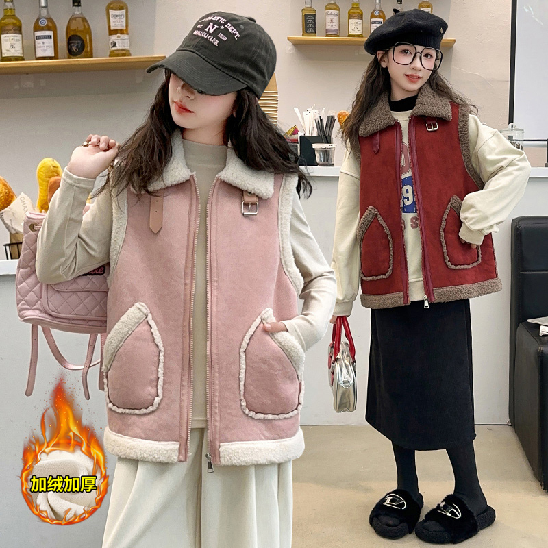 女童外套秋冬款2025新款加绒加厚羊羔毛洋气保暖马甲背心冬装坎肩