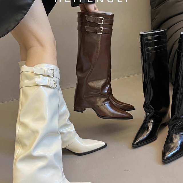 尖头靴子女粗跟西部牛仔靴法式骑士靴高跟长筒靴辣妹炸街裤管靴子