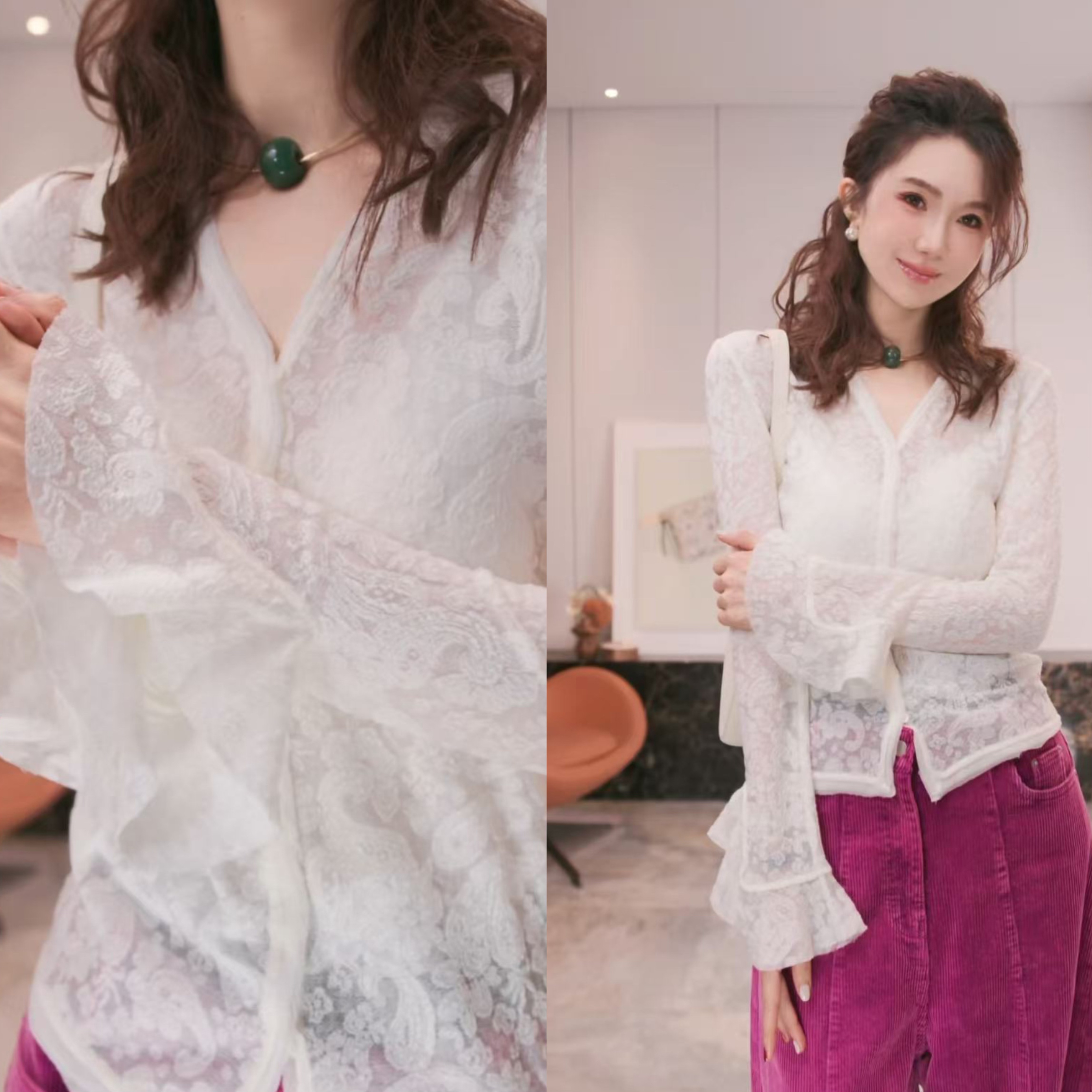 yiyiya.Guo艺艺吖【塞纳河畔】早春显瘦V领镂空蕾丝上衣110218SS52