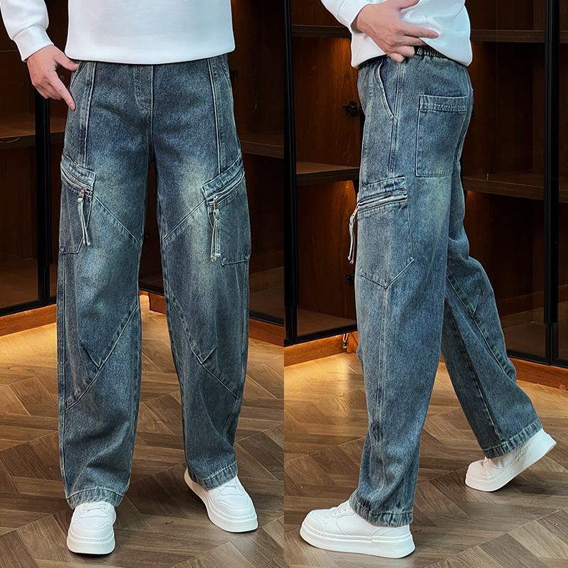 秋季新款美式高街潮流水洗拼接牛仔裤男潮牌宽松直筒垂感弯刀裤潮