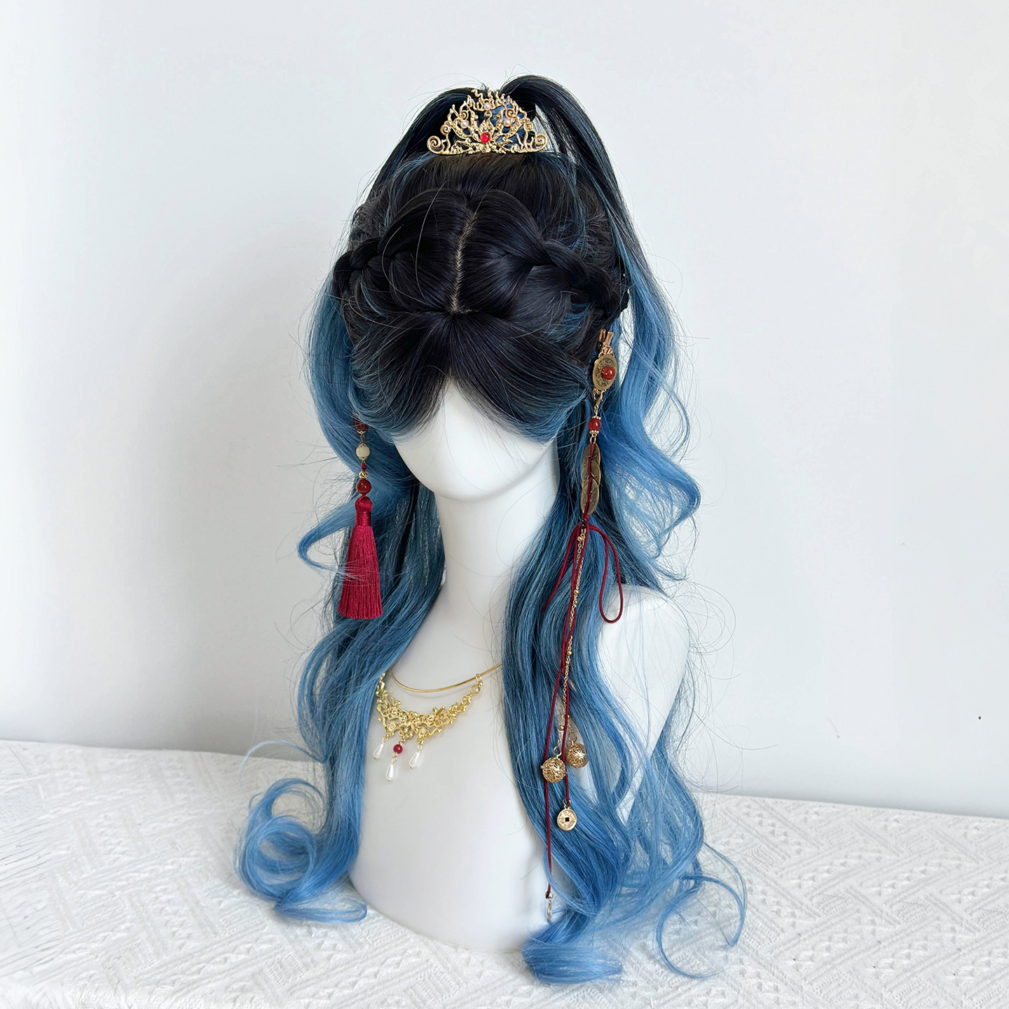 【武侠小将军】古风假发女蓝黑渐变中分高马尾古装cos卷发全头套式