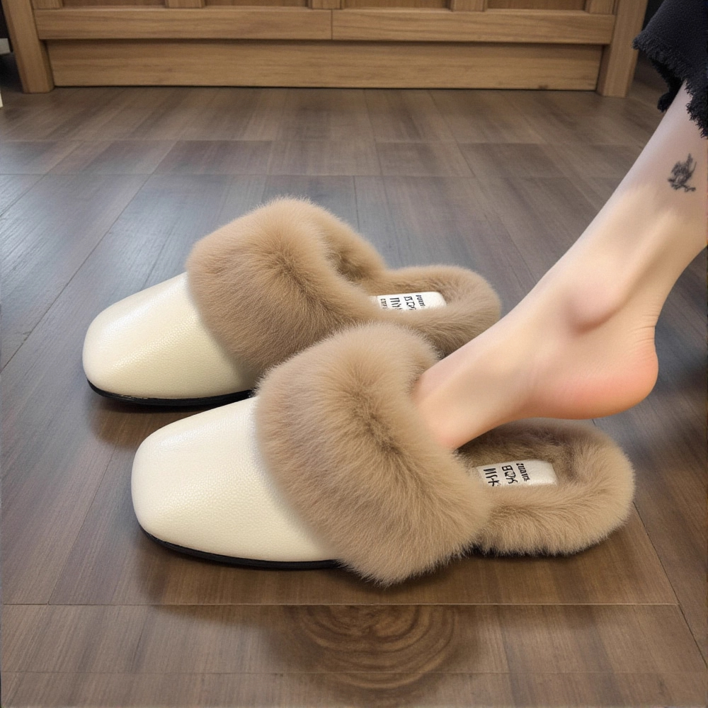包头毛毛拖鞋女2025新款秋冬兔毛绒法式小香风加绒软底孕妇棉拖鞋