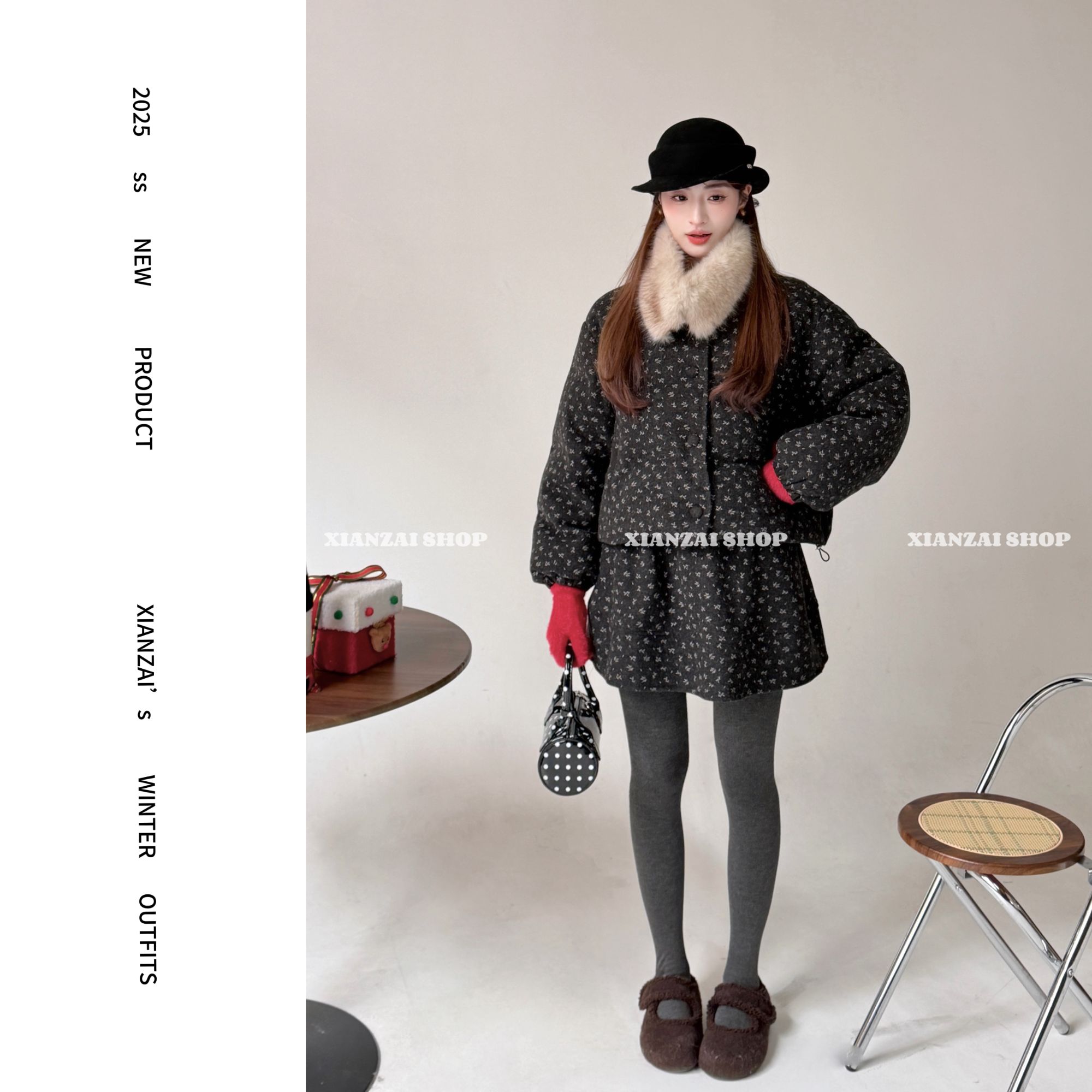 XIANZAI【圣诞黑巧】冬季新款可拆毛领雪花羽绒服外套短裙三件套装