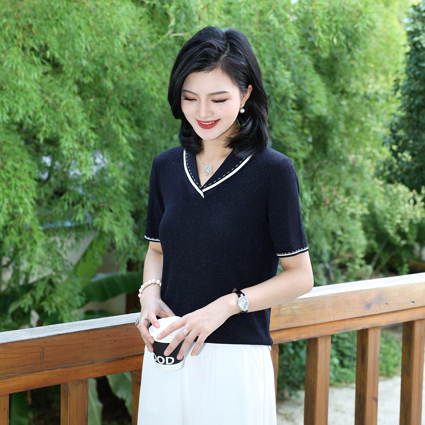 枫竺女装阿楠anan青果领撞色提花亮丝轻薄百搭针织衫女夏季上衣