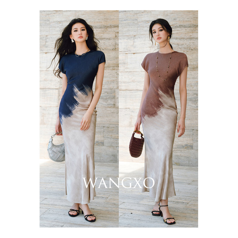 WANGXO 定制渐变斜裁收腰鱼尾连衣裙  250607W