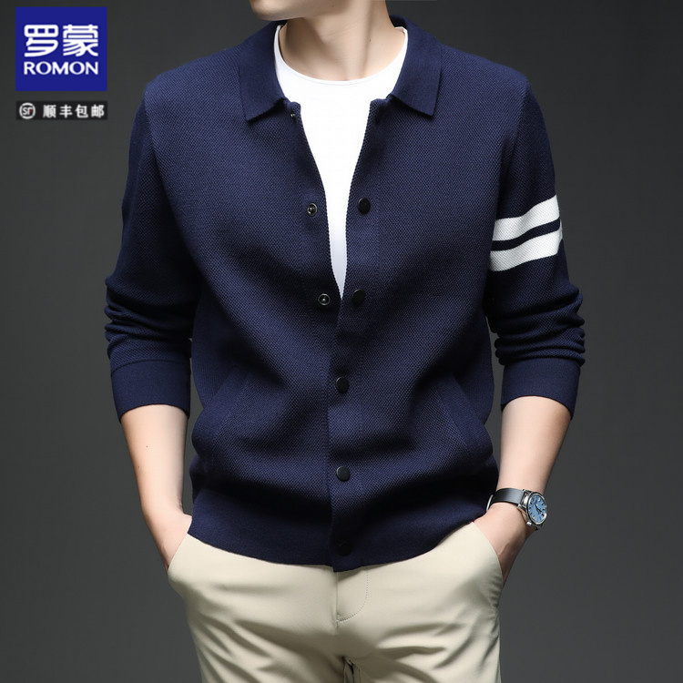 罗蒙翻领条纹针织开衫男士秋季新款宽松休闲时尚毛衣外套男装潮流