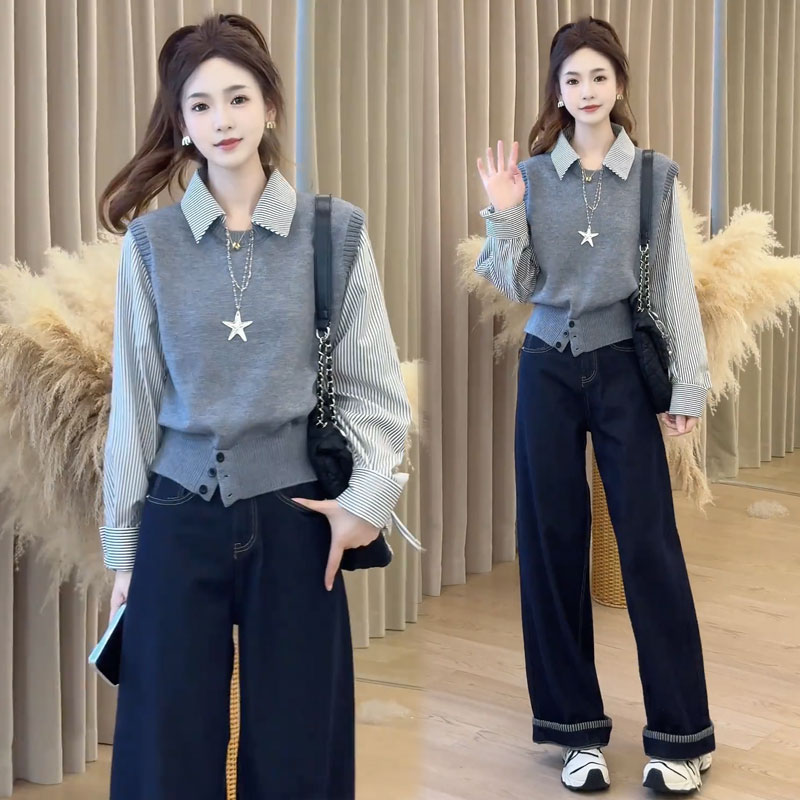 针织衫女2025秋冬新款时髦洋气假两件条纹衬衫拼接法式长袖上衣潮