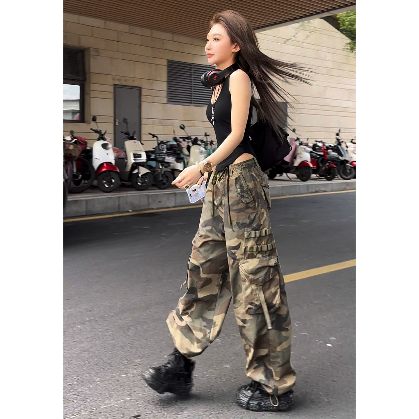 美式高街迷彩工装裤女夏薄款2025新款高腰显瘦休闲百搭阔腿冲锋裤