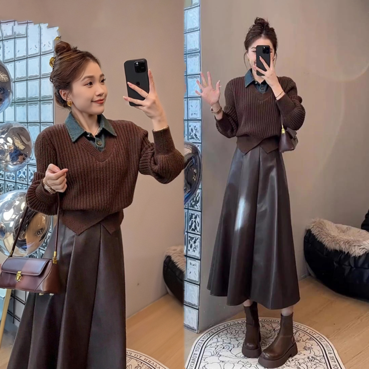 秋装搭配一整套显瘦遮肉牛仔拼接假两件毛衣高腰半身皮裙两件套装