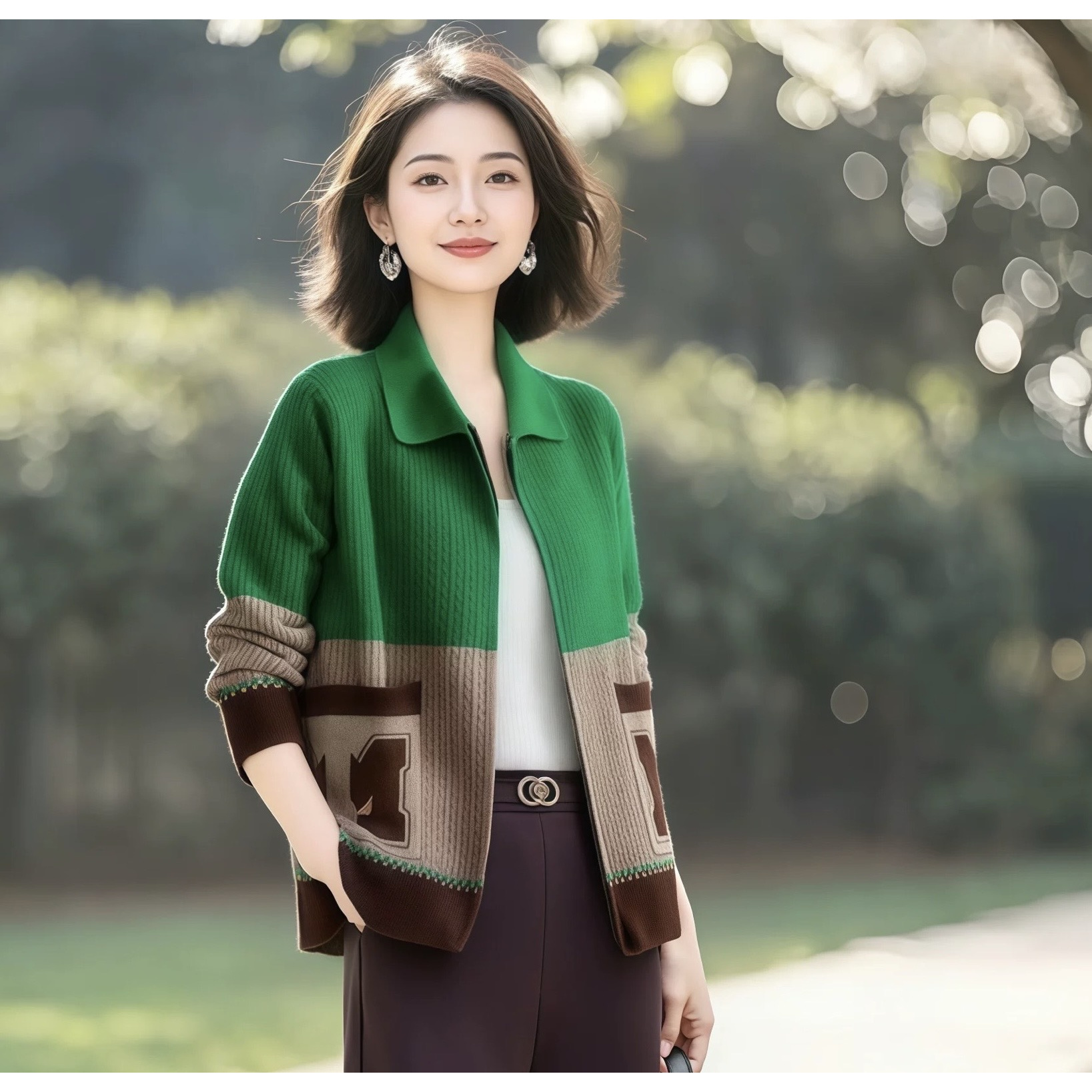 SY#【可搭套装】翻领拉链针织开衫洋气外套女搭直筒裤套装DY15084