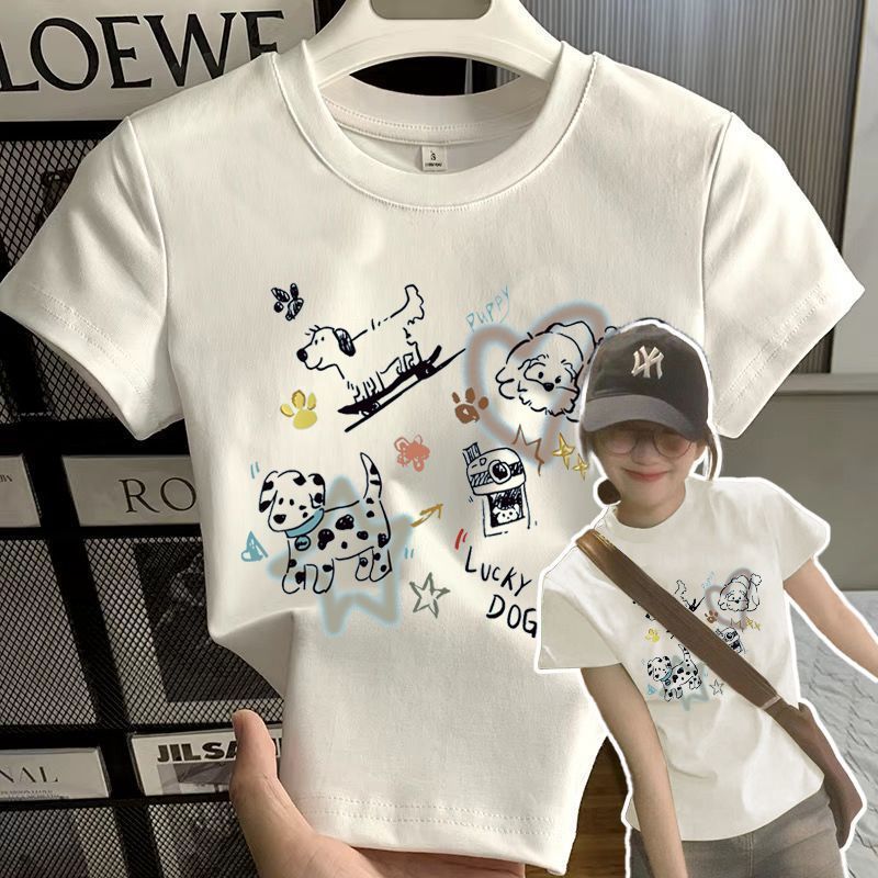 【ZHAP】新款夏季正肩多巴胺短袖t恤女慵懒风夏季卡通滑板狗印花