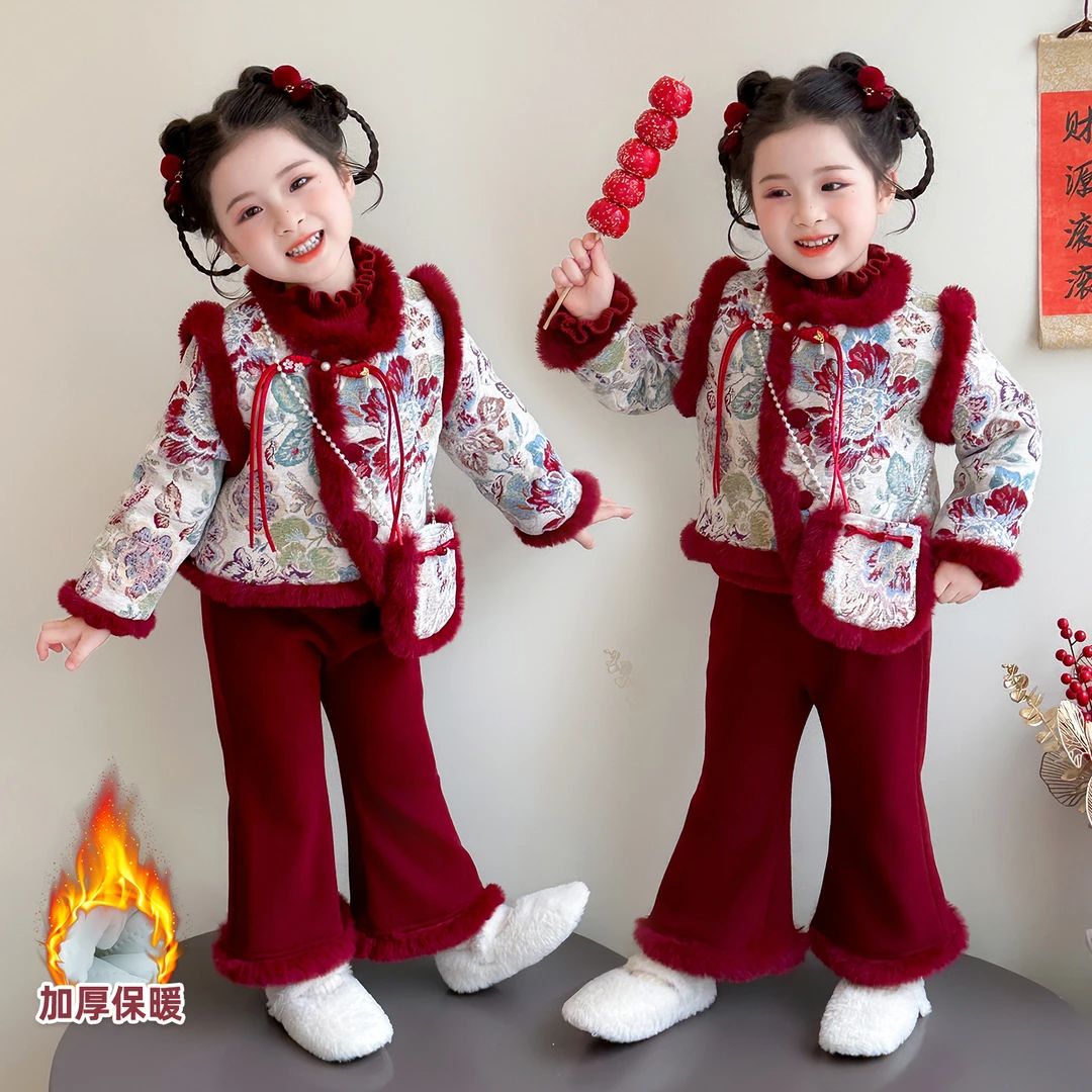 女童唐装套装秋冬装新年装儿童中国风夹棉加厚女宝宝冬季拜年服潮