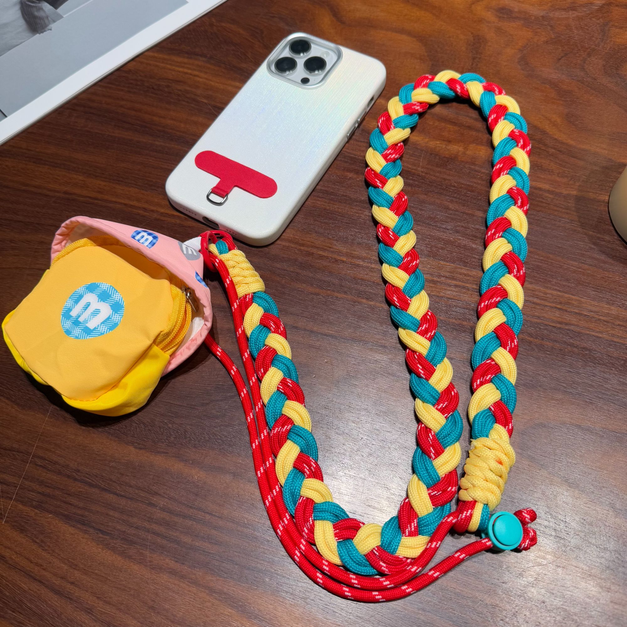 撞色手机挂绳斜挎可调节长款加粗马尾辫编织蓝牙零钱包防丢挂饰女