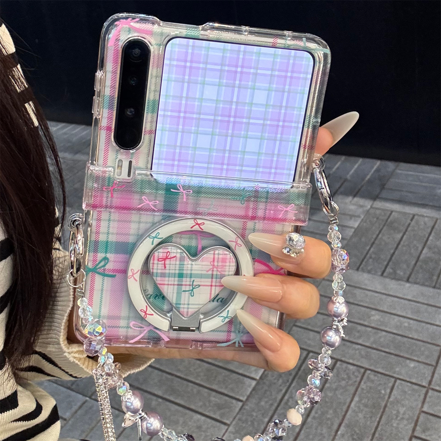 适用华为purax折叠屏手机壳彩色格纹pocket2蝴蝶结折叠磁吸支架女