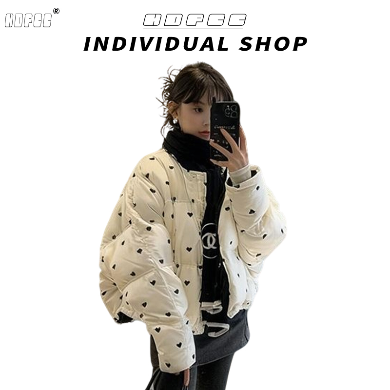 韩版时尚爱心印花圆领加厚保暖棉服冬季新款百搭减龄宽松百搭外套