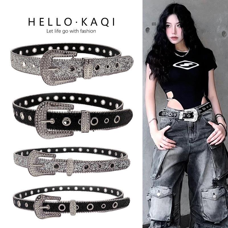 辣妹皮带女美式复古y2k朋克风银色黑色水钻带钻配裙子牛仔裤腰带