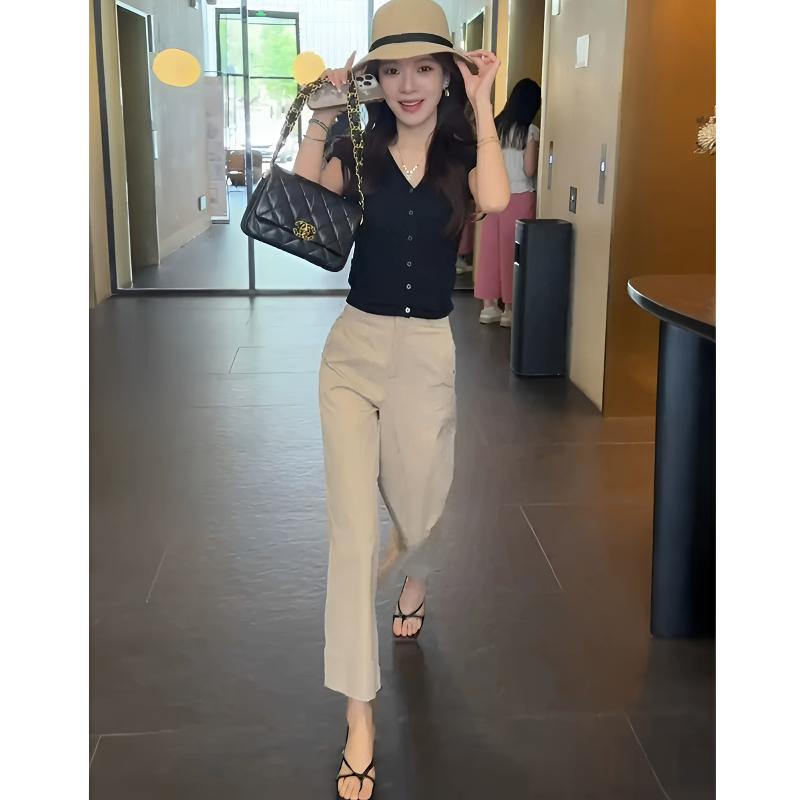 时尚套装女夏季新款黑色短裤小个子上衣高腰休闲九分直筒裤两件套