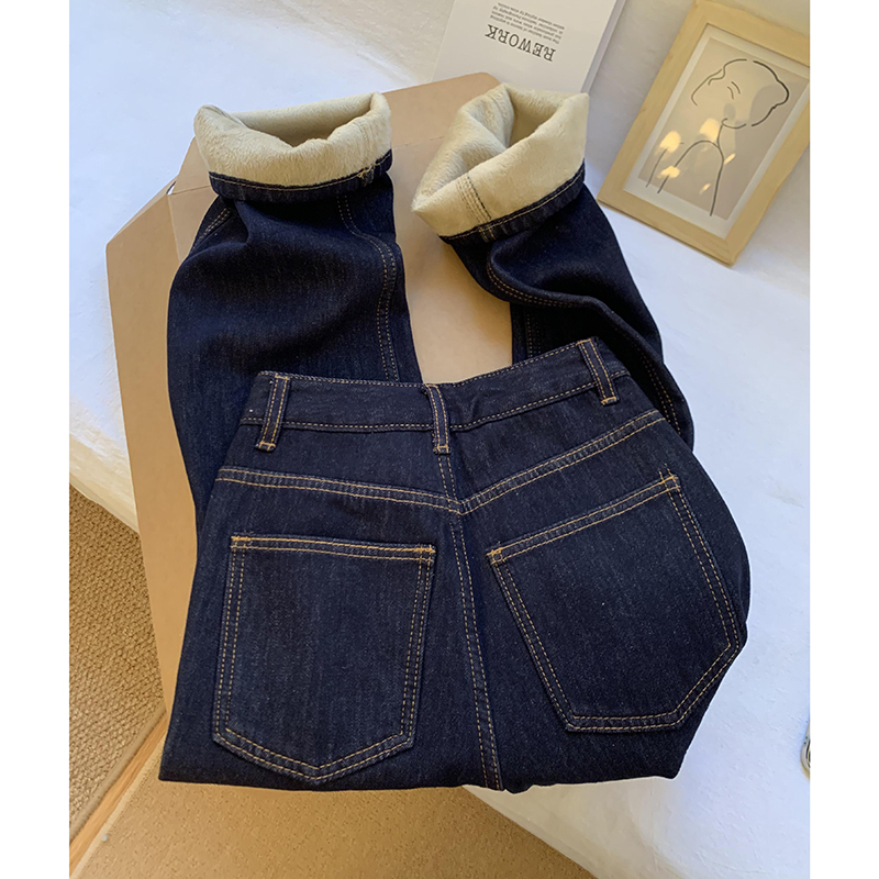 深蓝色美式加绒直筒牛仔裤女冬季2025新款高腰宽松垂感阔腿拖地裤