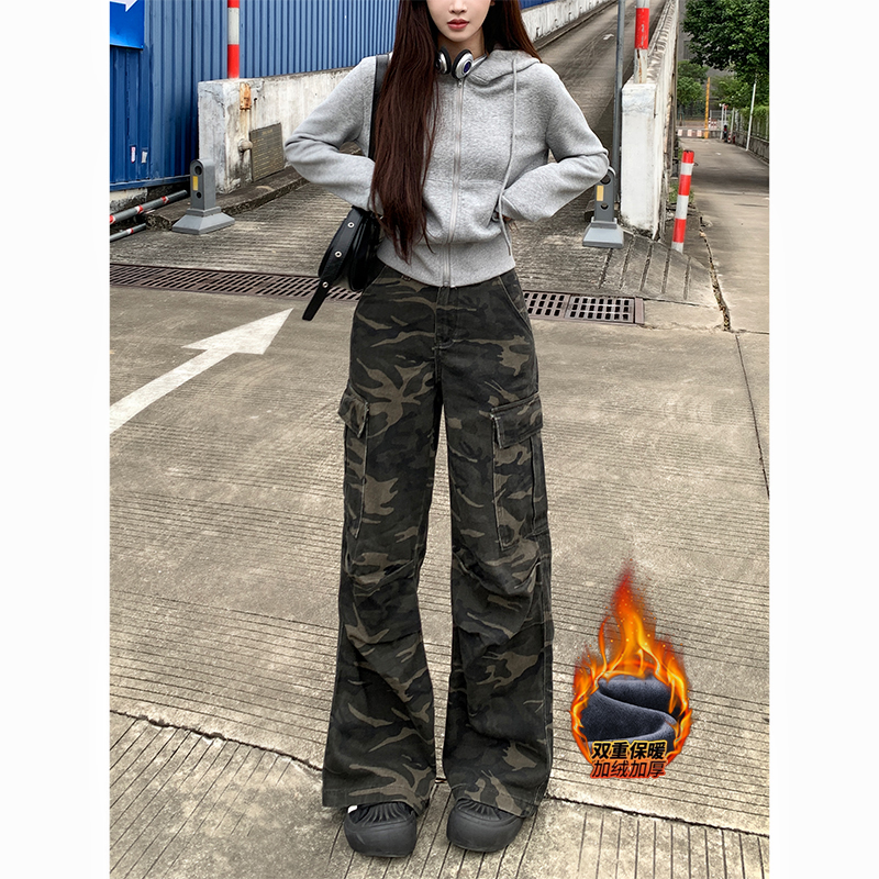 迷彩高街工装加绒阔腿牛仔裤女2025年冬季新款美式高腰显瘦拖地裤
