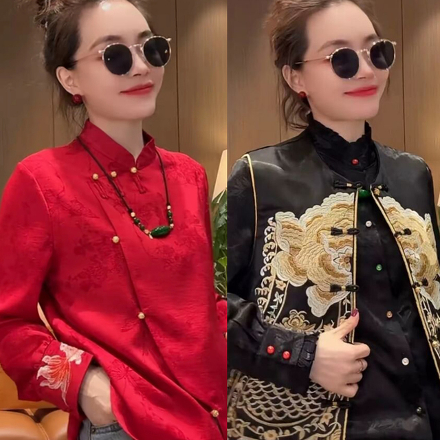 过年喜庆大红色新中式重工盘扣年年有余提花刺绣轻奢国风马甲衬衫