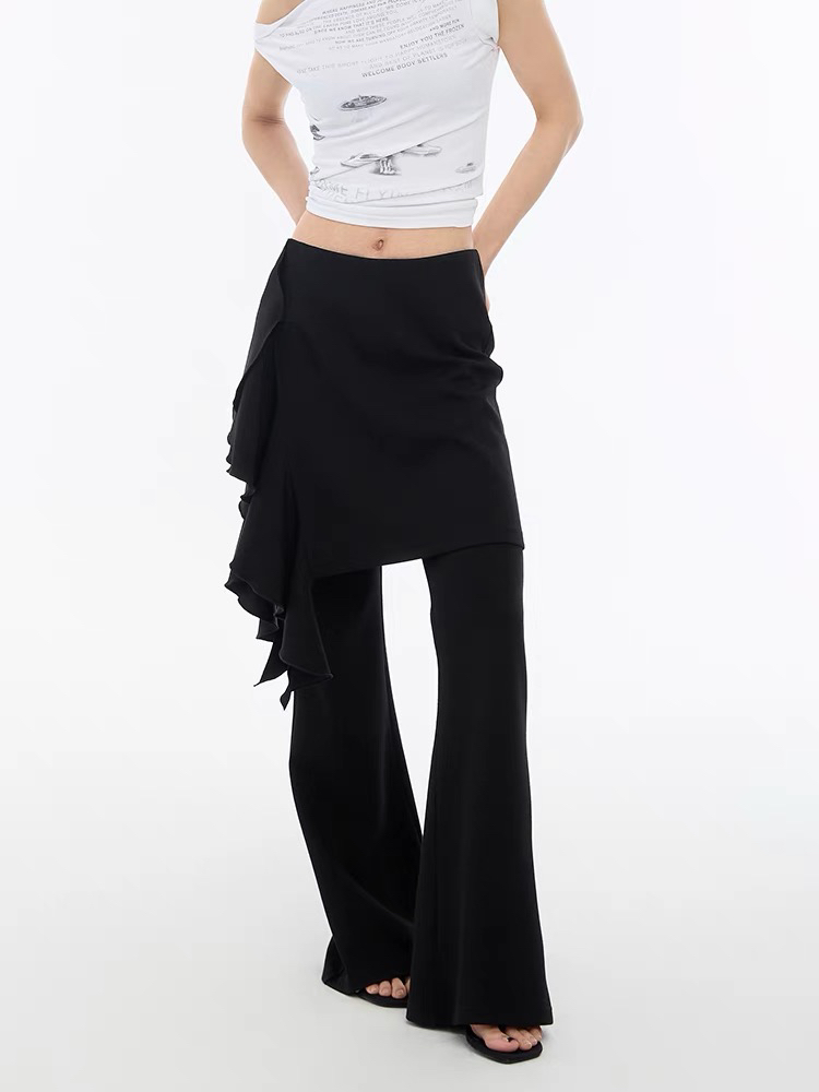 小众荷叶边休闲裤女春夏设计感弹力百搭垂感微喇裙裤黑色显瘦长裤