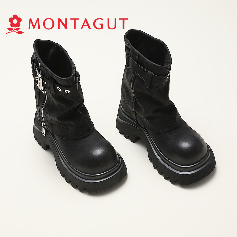 Montagut/梦特娇马丁靴女美拉德秋2025冬季新款复古厚底堆堆短靴