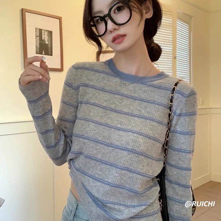 韩版针织撞色条纹圆领上衣2025秋季新款休闲通勤风薄款