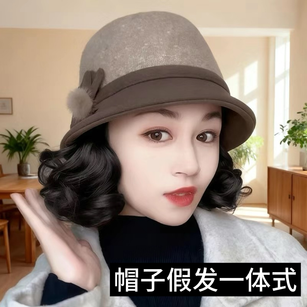 时尚外翻卷短卷发全头套秋冬保暖加厚羊毛呢渔夫帽一体式假发帽