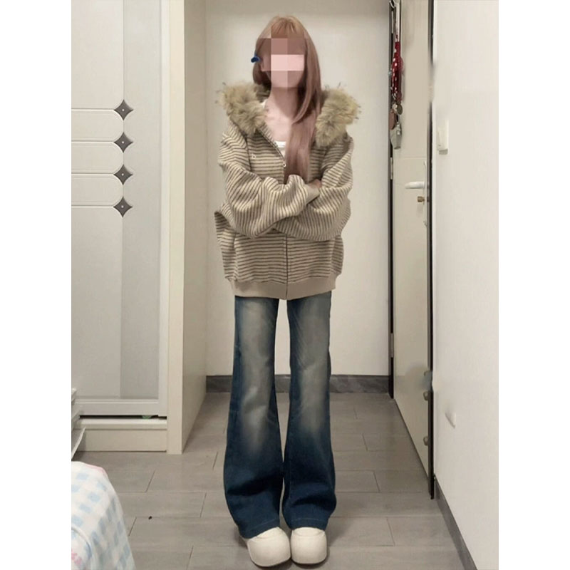 美式复古毛领条纹卫衣女秋季短款连帽开衫显瘦上衣慵懒风情侣外套